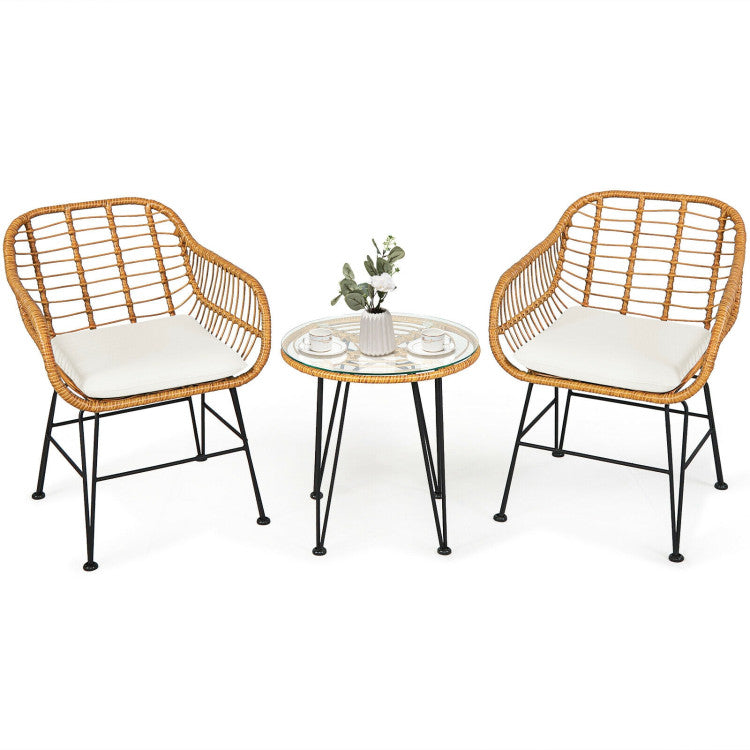3 Pieces Rattan Set With Cushioned Chair Table