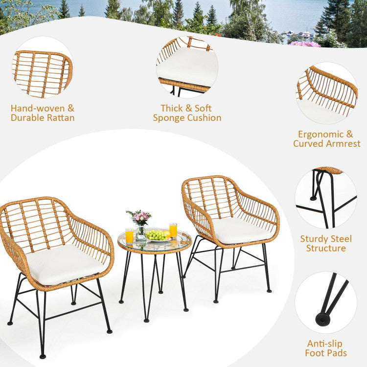 3 Pieces Rattan Set With Cushioned Chair Table