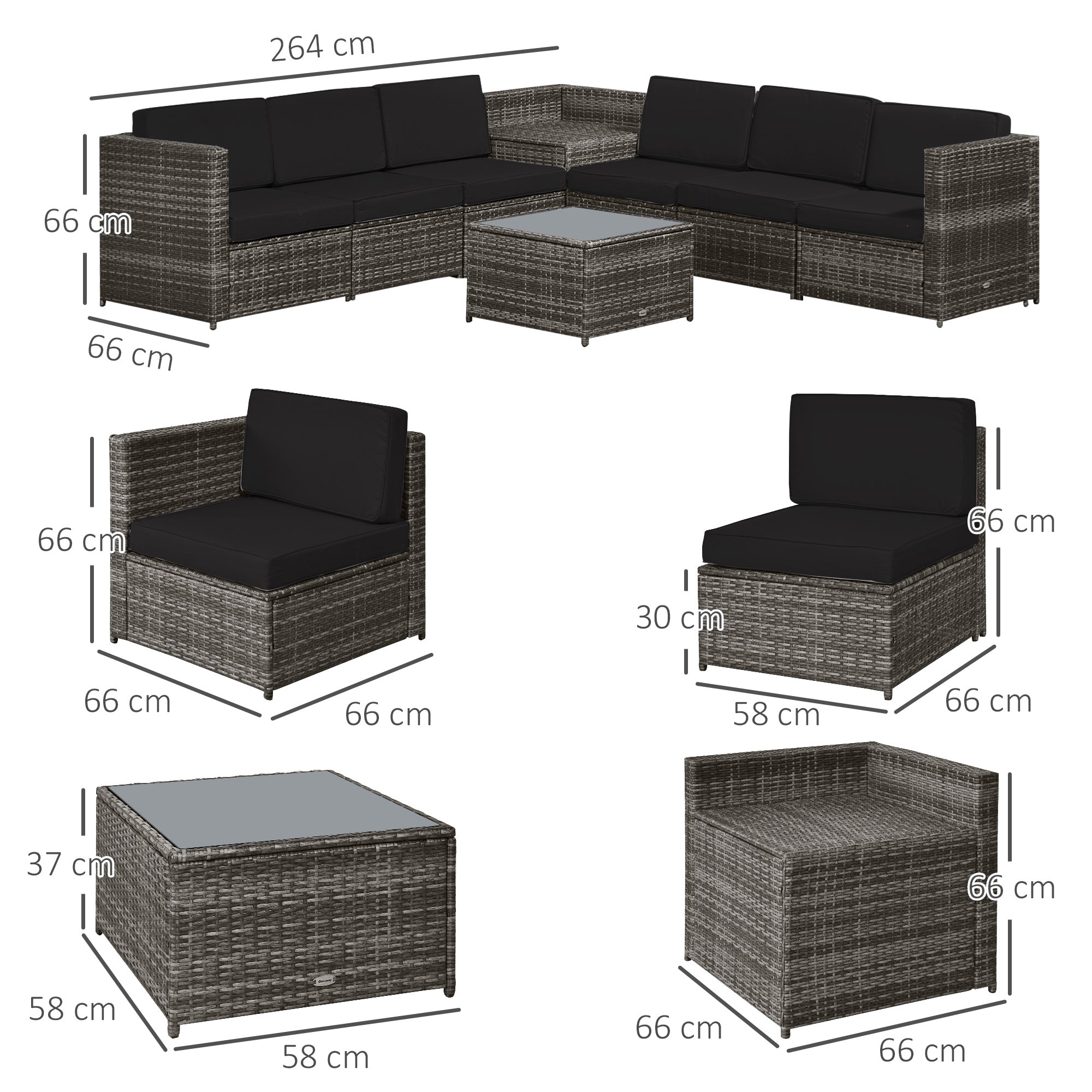 6-Seater Rattan Sofa, Steel Frame-Grey