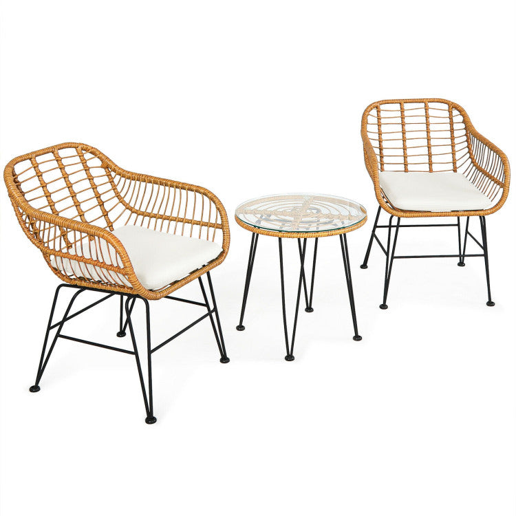 3 Pieces Rattan Set With Cushioned Chair Table