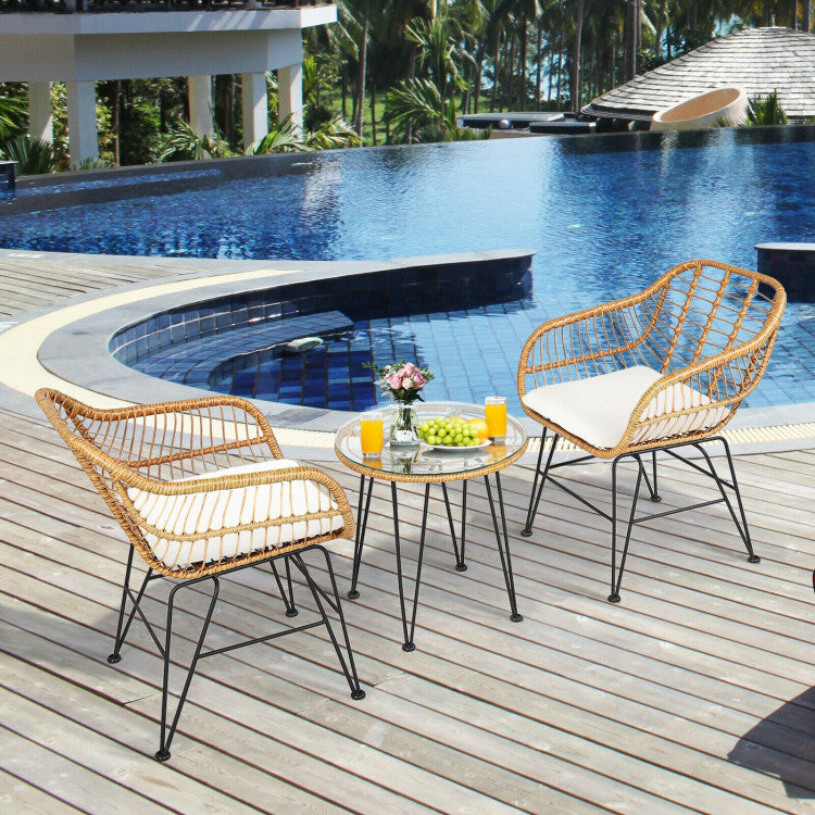 3 Pieces Rattan Set With Cushioned Chair Table