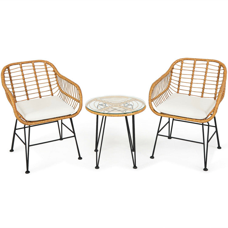 3 Pieces Rattan Set With Cushioned Chair Table